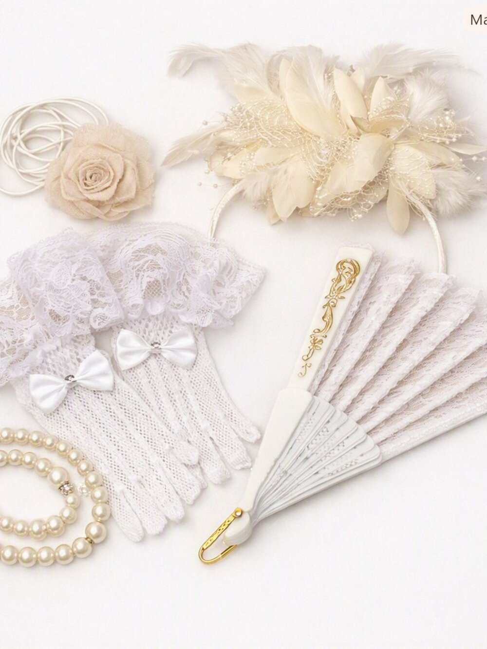 Lace Accessory Set White Lace Gloves Pearl Jewelry Feather Headpiece Lace Fan